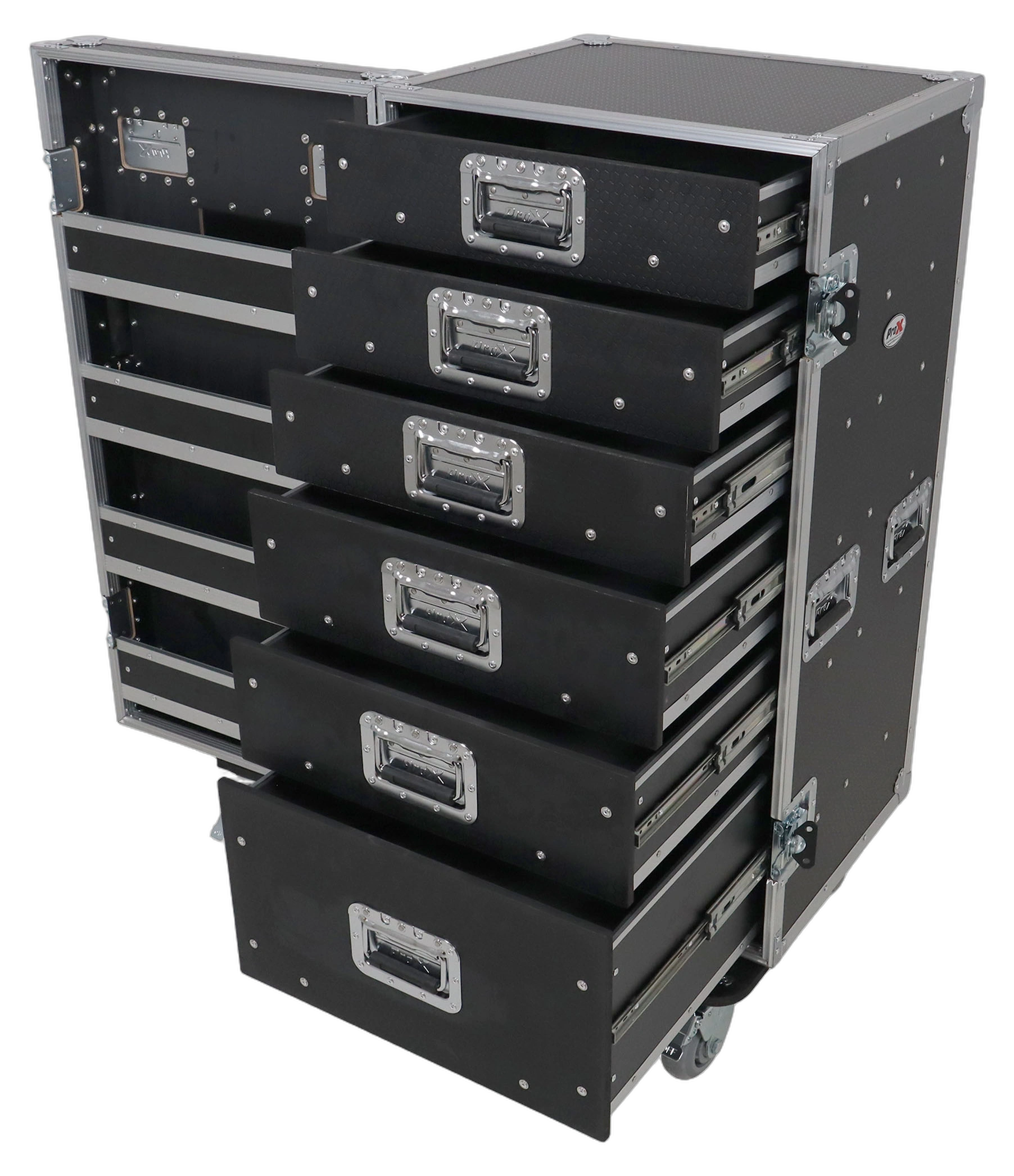 ProX Pro 6 Utility Drawer Workbox ATA Flight Case ProX Pro 6 utility drawer workbox ATA flight case with hinged storage door and casters front view