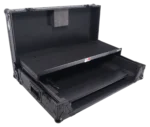 ProX ATA flight case for RANE Four DJ controller with laptop shelf, 1U rack space, LED lights, and wheels dimensional diagram