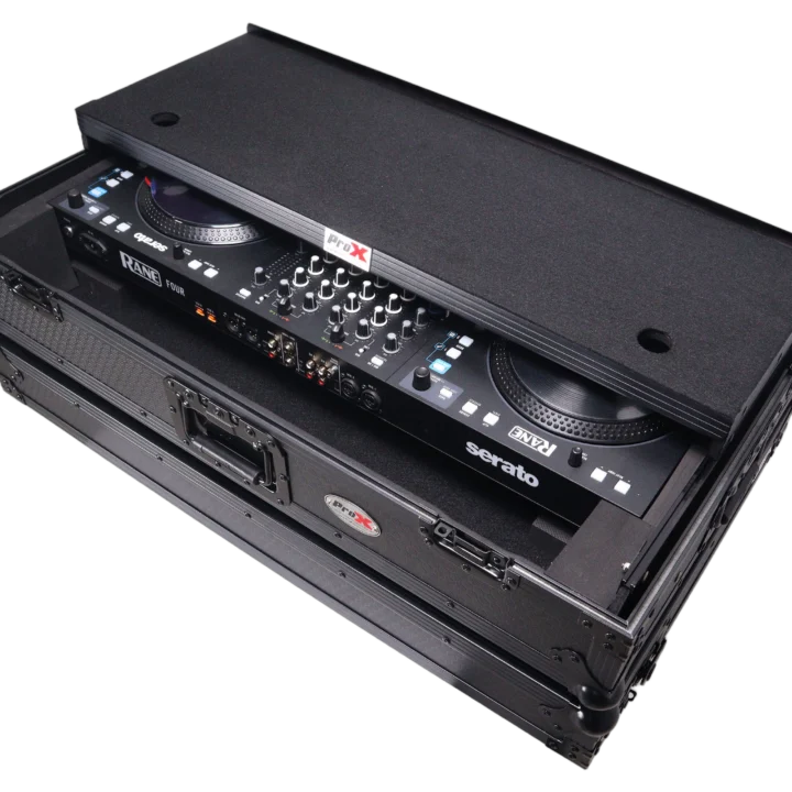 ProX ATA flight case for RANE Four DJ controller with laptop shelf, 1U rack space, LED lights, and wheels dimensional diagram