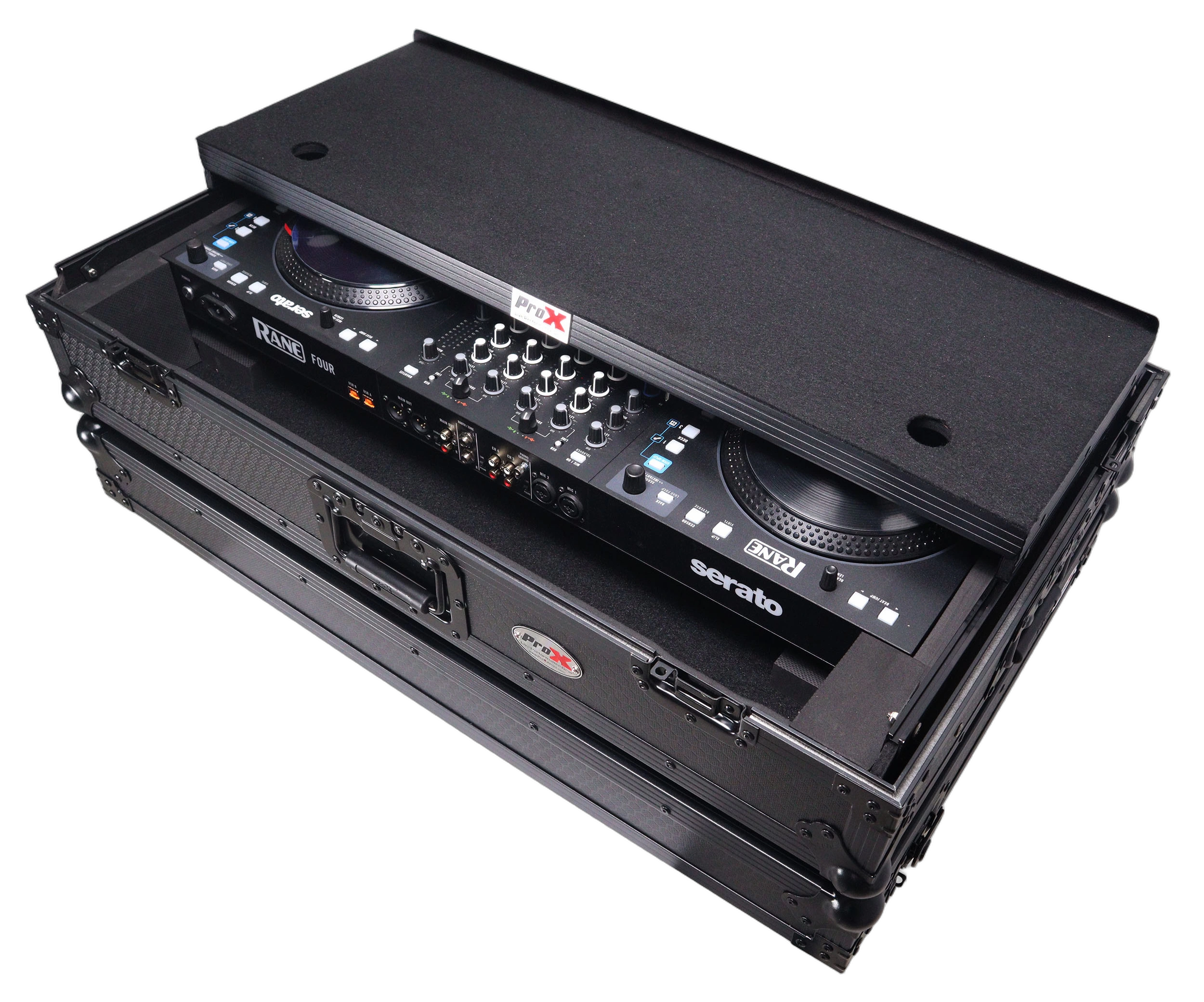 ProX RANE Four Flight Case Dimensional Diagram Specifications ProX ATA flight case for RANE Four DJ controller with laptop shelf, 1U rack space, LED lights, and wheels dimensional diagram