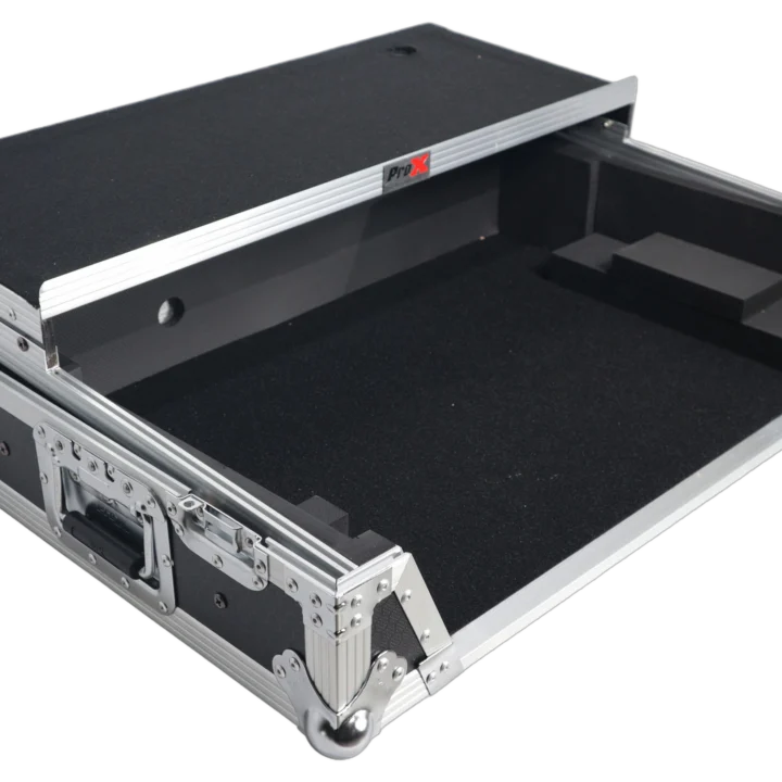 ProX flight case for RANE ONE DJ controller showing dimensional measurements and specifications with wheels