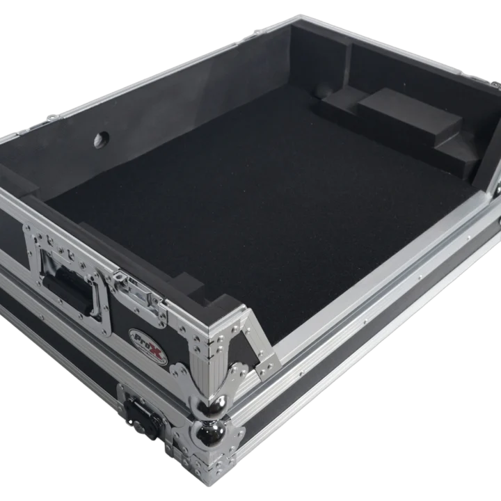 ProX flight case for RANE ONE DJ controller showing rear panel connections and cable management