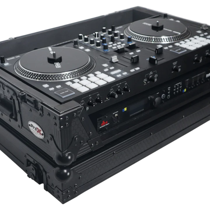 ProX flight case for RANE ONE DJ controller with 1U rack space and wheels, side profile showing depth