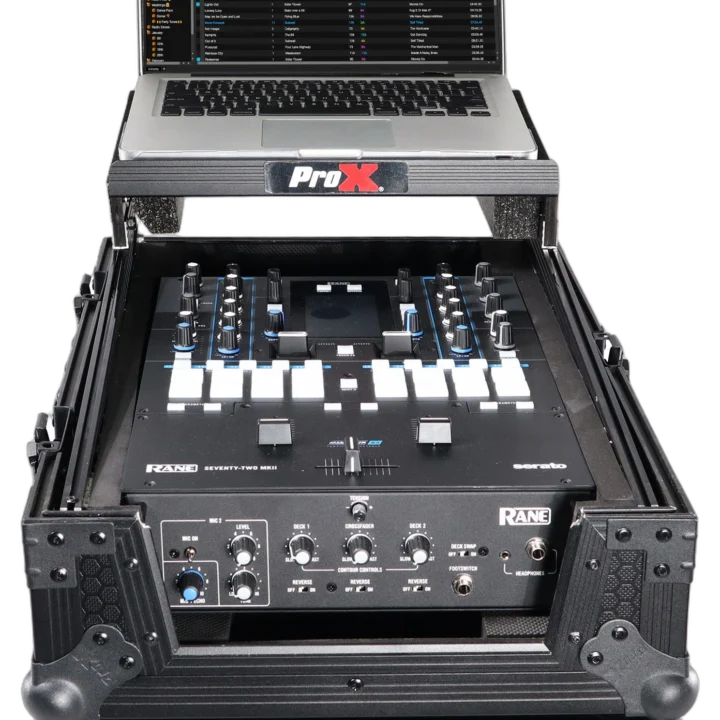 ProX black road case for Rane Seventy-Two mixer with integrated laptop shelf front view