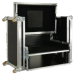 ProX Regie 4 flight case with video production controller, LCD screen, and 19-inch 3U rack dimensional diagram