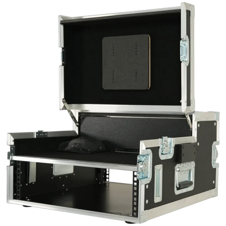 ProX Regie 4 flight case with integrated LCD screen and 19-inch 3U video production controller front view