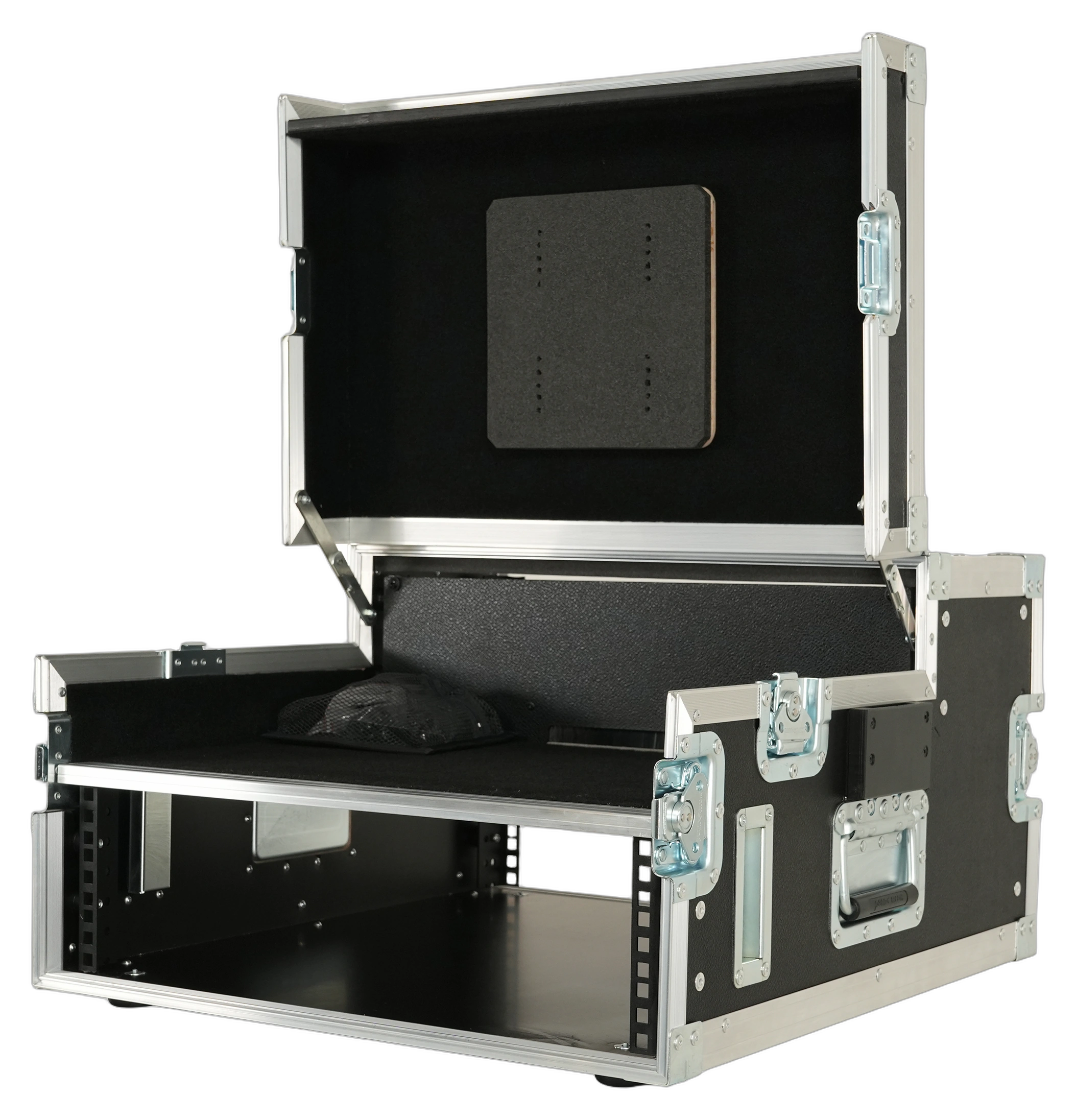 ProX Flight Case Regie 4 Video Controller 3U ProX Regie 4 flight case with integrated LCD screen and 19-inch 3U video production controller front view