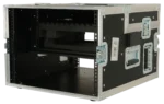 ProX flight case for Roland VR-4HD mixer showing rear panel connections and cable management