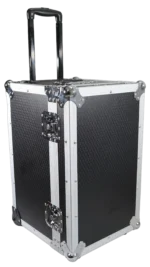ProX rolling utility case rear panel showing recessed wheels and structural design for vinyl record storage