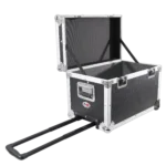 ProX rolling utility case with retractable handle storing vinyl records collection, low-profile recessed wheels visible