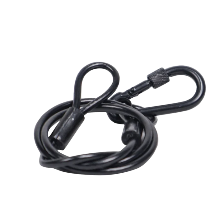 ProX 30-inch black safety cable showing galvanised steel wire with protective PVC jacket detail