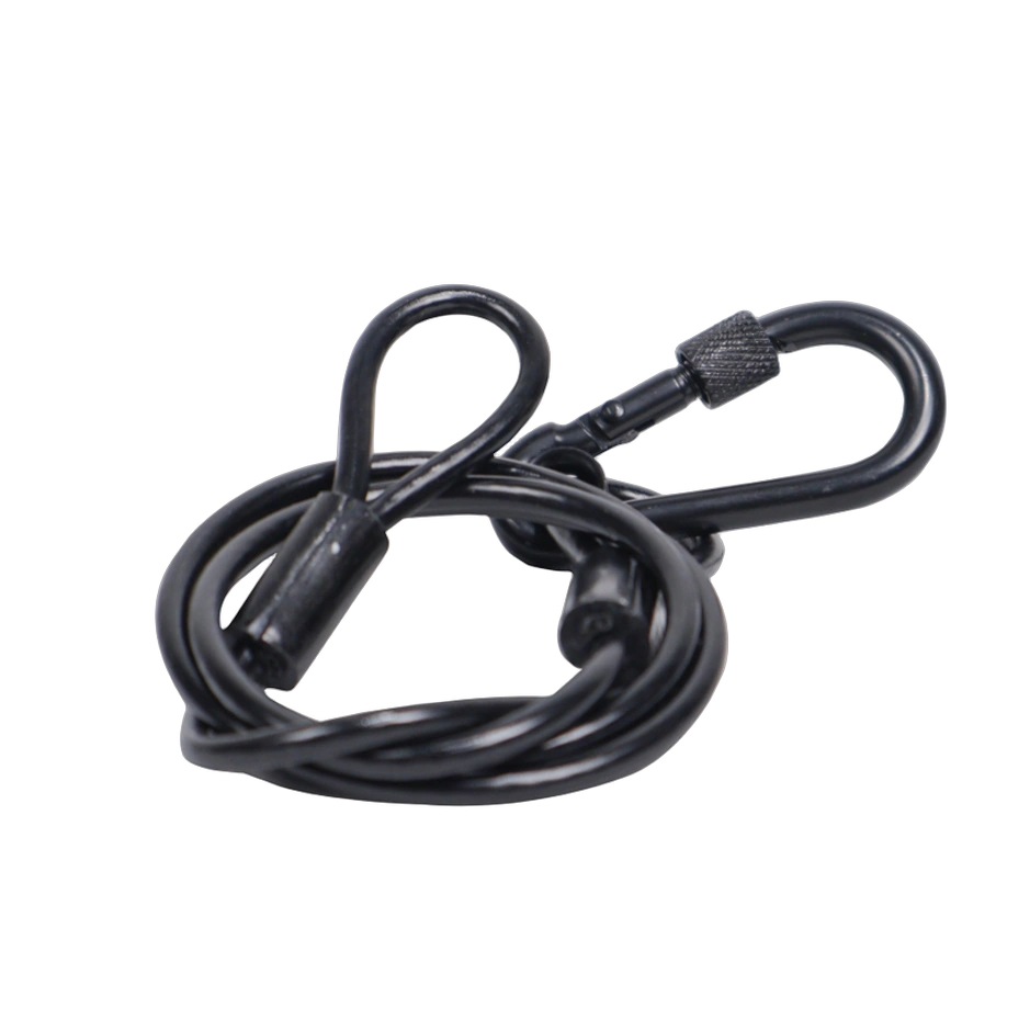 ProX 30 Inch Black Safety Cable Close-Up Detail ProX 30-inch black safety cable showing galvanised steel wire with protective PVC jacket detail
