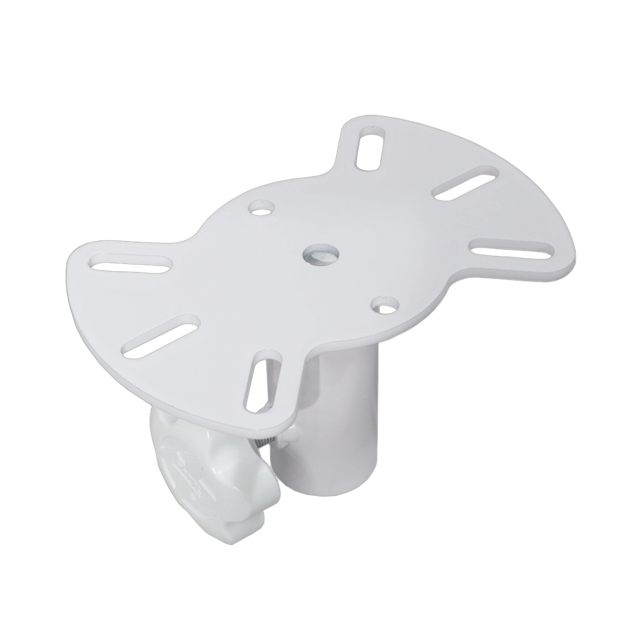 ProX Speaker Stand Mounting Plate White Front View ProX white speaker stand mounting plate with adjustment hardware and mounting holes visible