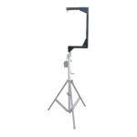 ProX telescopic C-shape bar support mount installed on crank stand lifter supporting small line array speakers