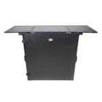 ProX Transformer folding DJ table workstation with flight case design and rolling wheels, side profile view