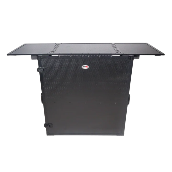 ProX Transformer folding DJ table workstation with flight case design and rolling wheels, side profile view