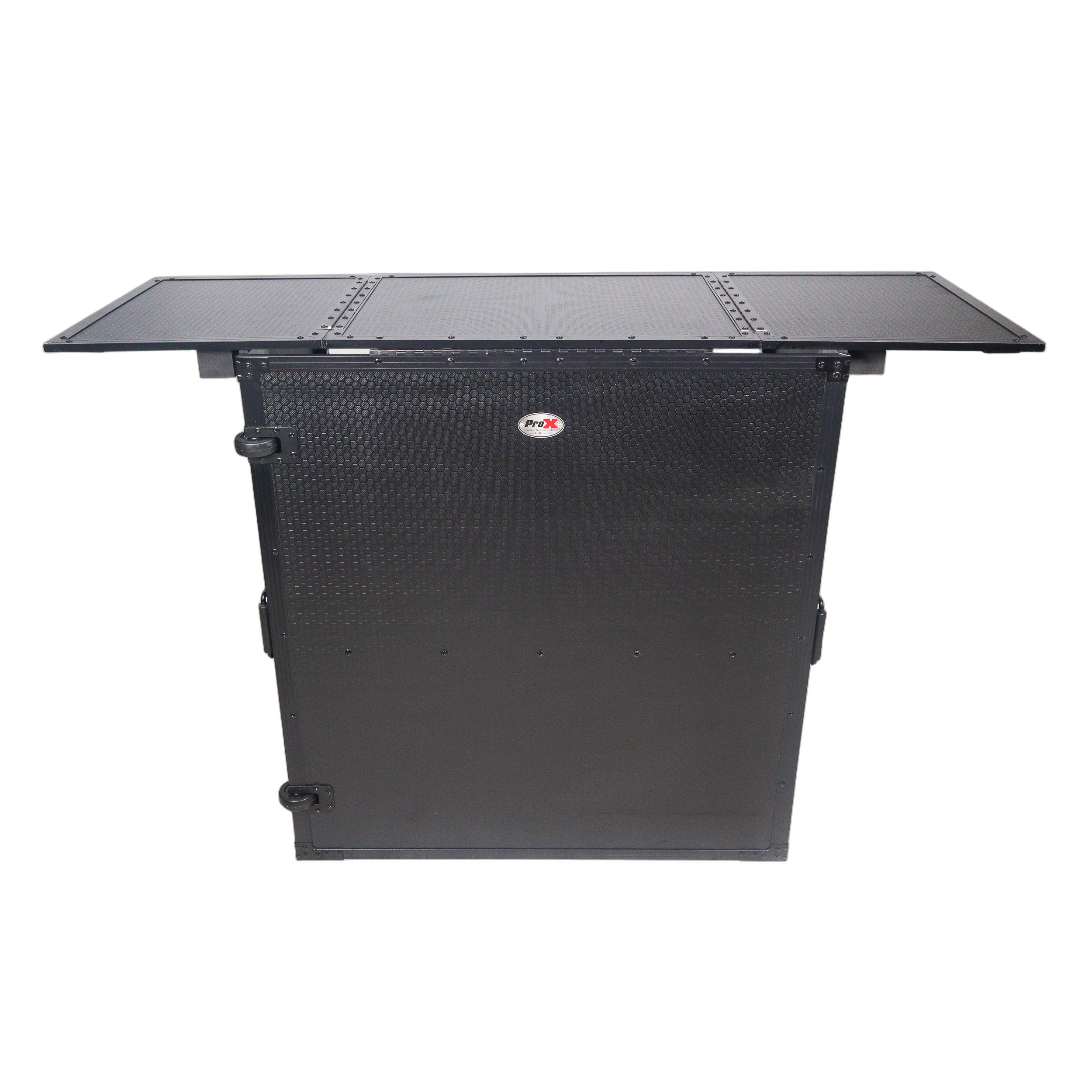 ProX Transformer Flight Case DJ Table Workstation Side View ProX Transformer folding DJ table workstation with flight case design and rolling wheels, side profile view