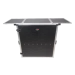 ProX Transformer folding DJ table workstation showing smooth rolling wheels and flight case construction detail