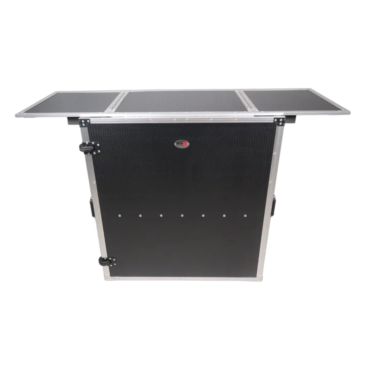 ProX Transformer folding DJ table workstation showing smooth rolling wheels and flight case construction detail