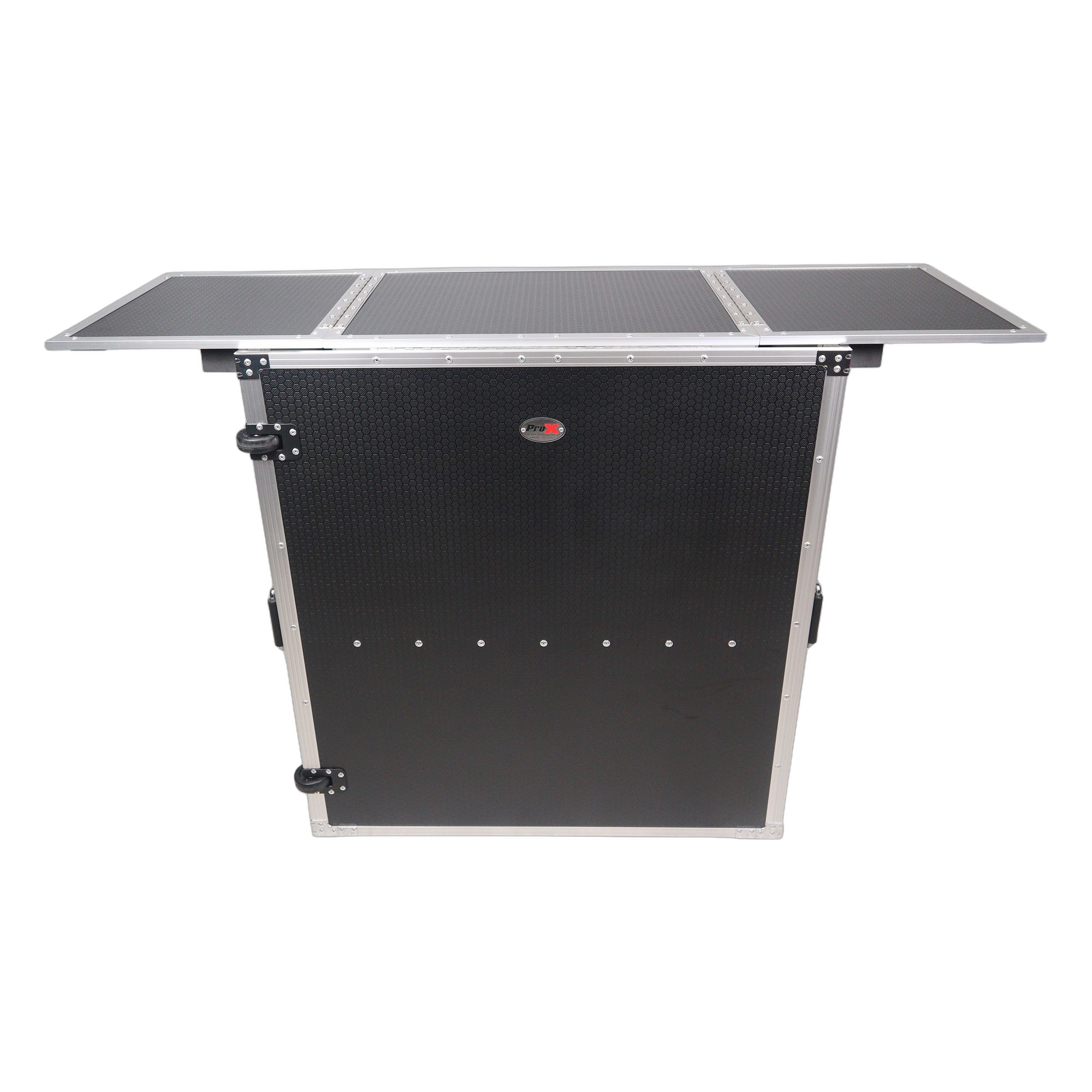 ProX Transformer DJ Table Workstation Detail View ProX Transformer folding DJ table workstation showing smooth rolling wheels and flight case construction detail