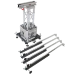 ProX truss tower roofing system package showing hinges, base block, outriggers, and aluminum truss segment