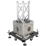 ProX truss tower stage roofing system package with top block, hinges, base, outriggers and 3.28 ft truss segment installed