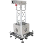 ProX truss tower stage roofing system package showing hinges, base, outriggers, and truss segment detail