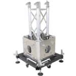 ProX truss tower stage roofing system package showing top block, hinges, base, outriggers and 3.28 ft truss segment