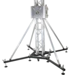 ProX truss tower stage roofing system package rear panel showing hinges, base, and outriggers assembly