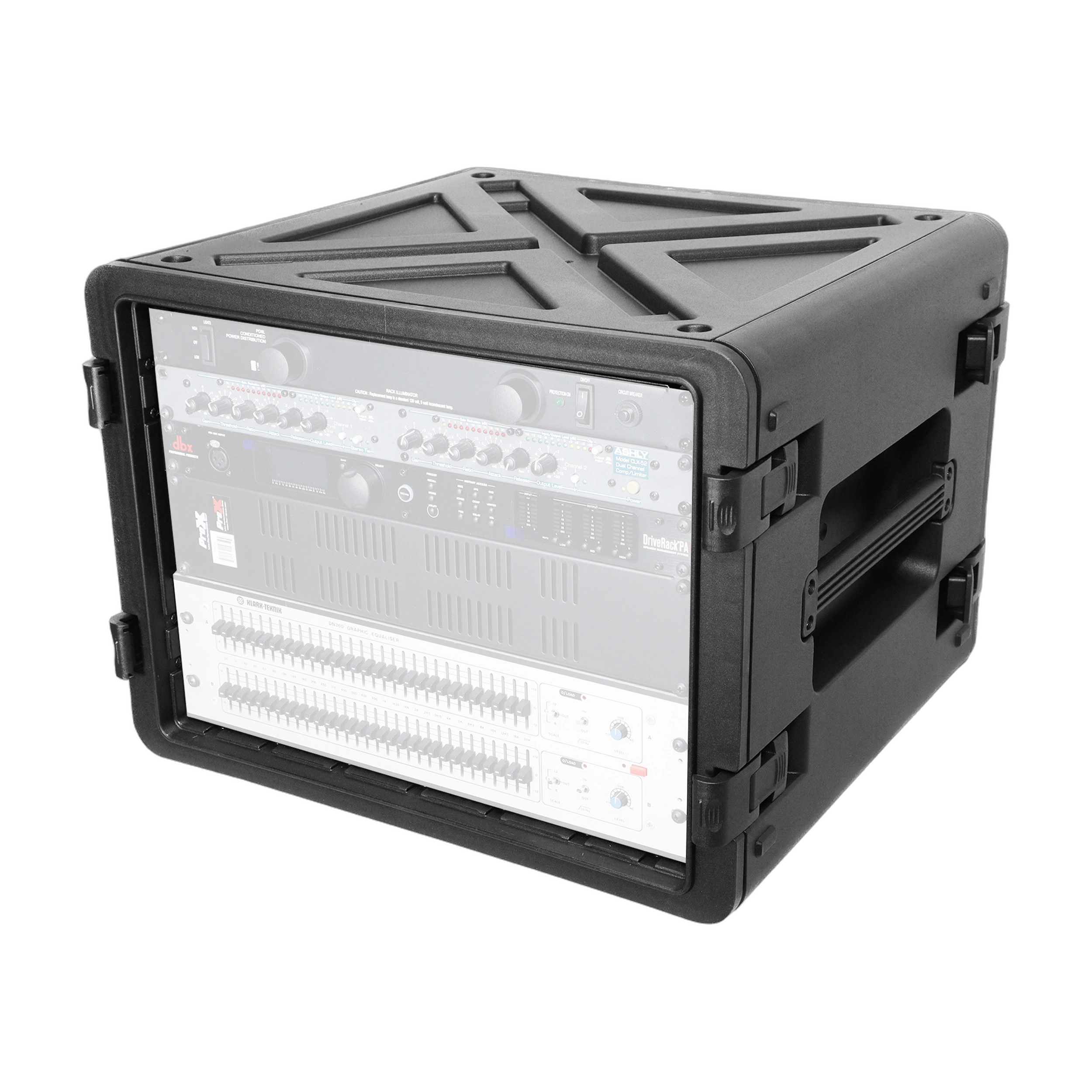 ProX UltronX Watertight 8U Rack Case Front View ProX UltronX watertight 8U molded plastic rack case with front rail handles and protective latches