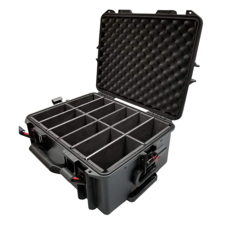 ProX UltronX watertight case with extendable handle and wheels, side profile view showing durability