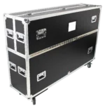 ProX universal flight case for dual 70 to 85 inch flat panel monitors with dimensional specifications and caster details