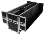 ProX universal flight case for dual 70 to 85 inch flat panel monitors with dimensional specifications and caster details