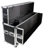 ProX universal flight case for dual 70 to 85 inch flat panel monitors with dimensional specifications and caster details