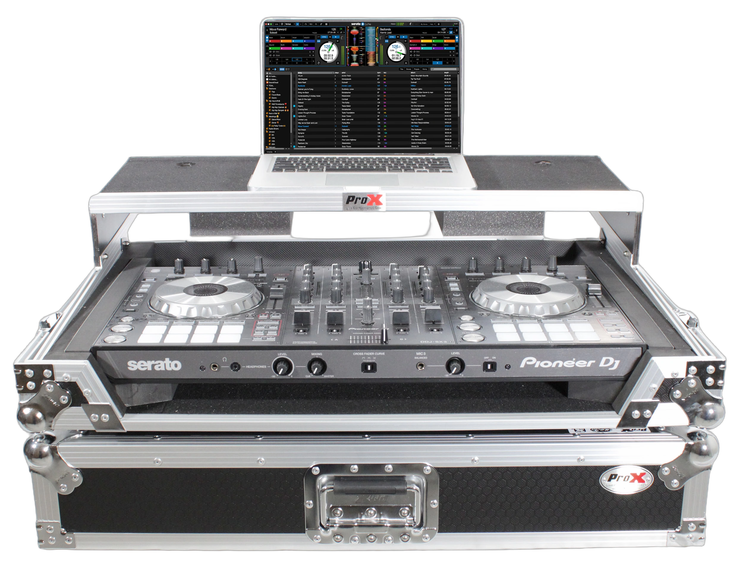 ProX Universal Flight Case DJ Controller Sliding Shelf Detail ProX universal flight case for DJ controllers with sliding laptop shelf detail view showing construction