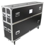 ProX universal flight case for 55 to 70 inch LCD plasma TV monitors with dimensional specifications and caster details