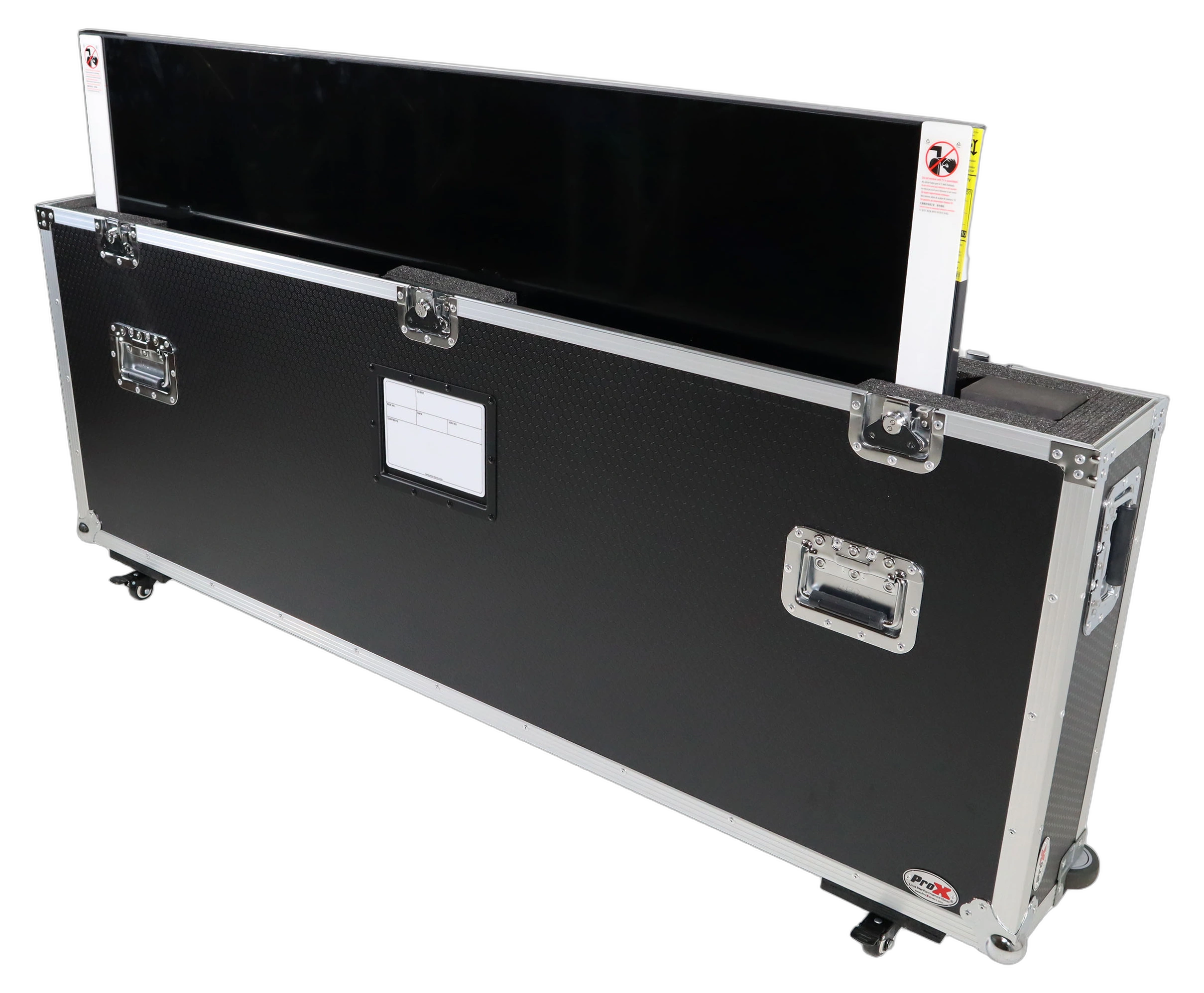 ProX Universal Monitor Case 55-70 Inch Front View ProX universal monitor case for 55 to 70 inch flat panel TV with low profile wheels and drum shield protection