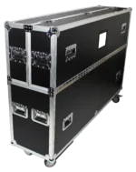 ProX universal flight case for dual 70 to 85 inch flat panel monitors with dimensional specifications and caster details