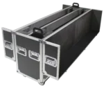ProX universal flight case with casters transporting large flat panel LCD monitor on stage