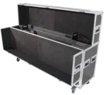 ProX universal flight case for dual 55 to 70 inch flat panel monitors with casters, side profile view
