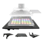 ProX universal side shelf mounted on stand holding laptop and MIDI controller equipment