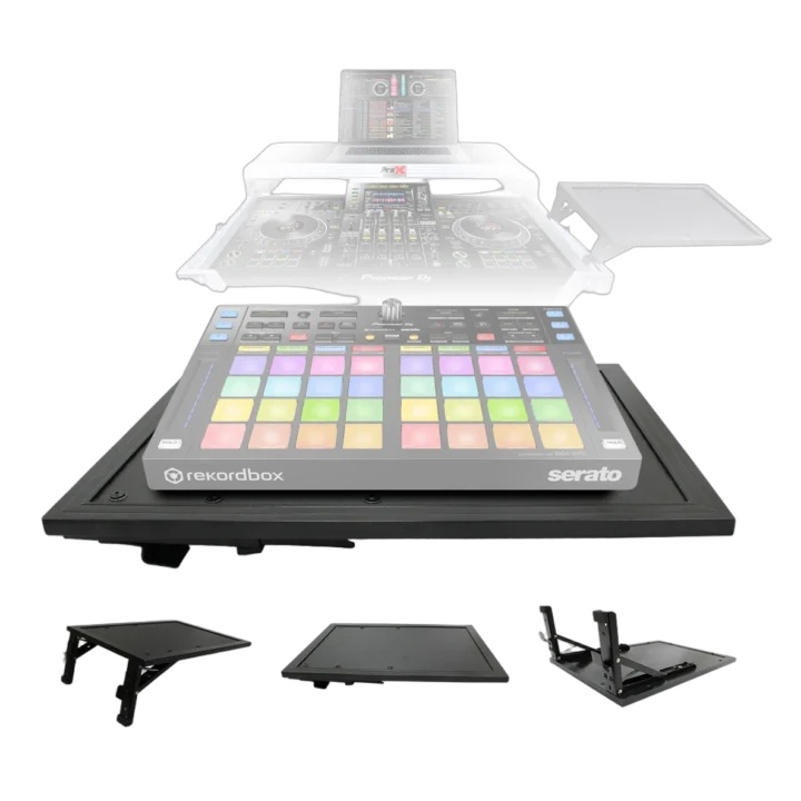 ProX universal side shelf mounted on stand holding laptop and MIDI controller equipment