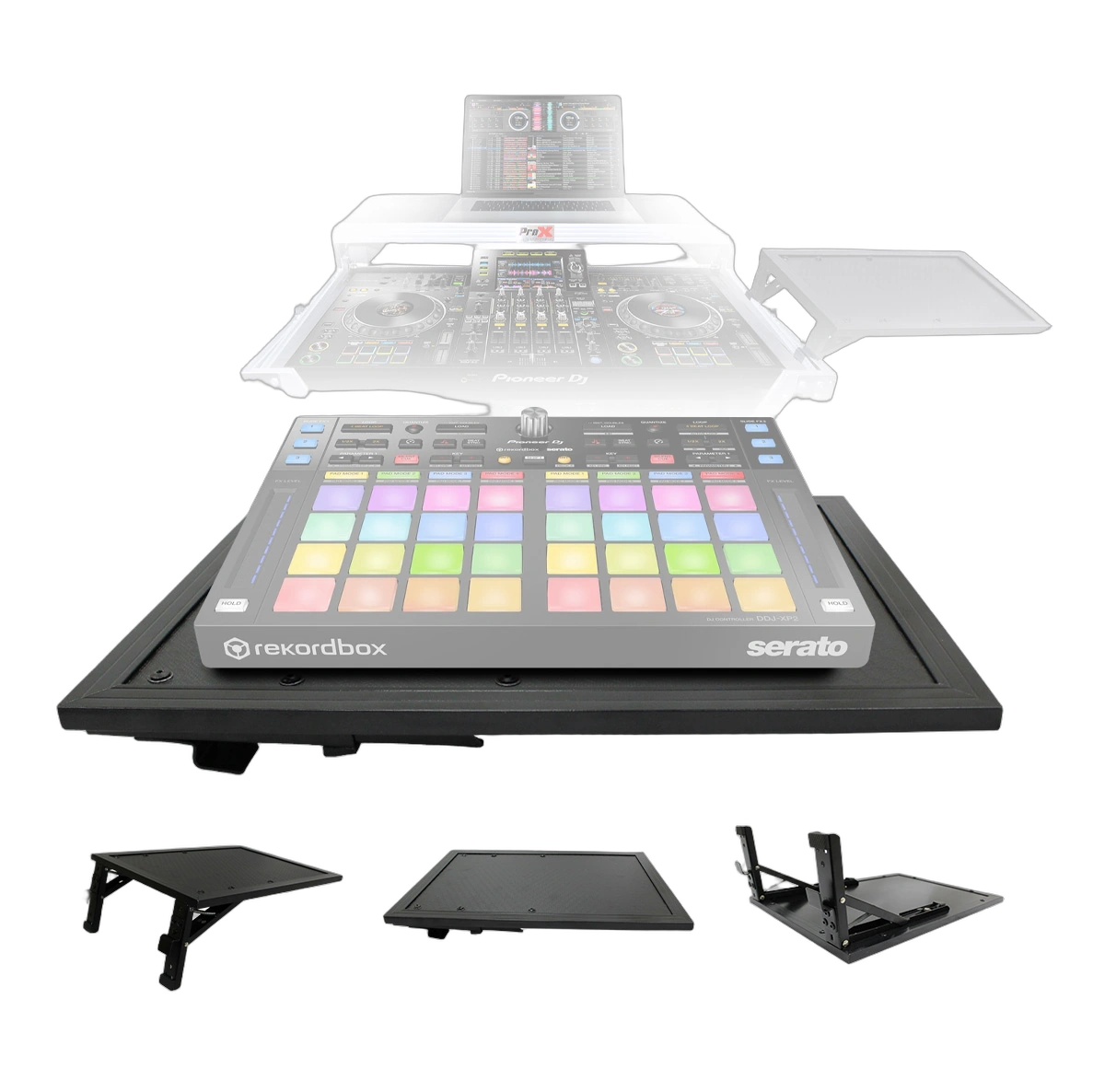 ProX Universal Side Shelf for Laptops and Controllers ProX universal side shelf mounted on stand holding laptop and MIDI controller equipment