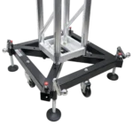 ProX universal vertical tower truss ground support base with leveling jacks and wheels detail view