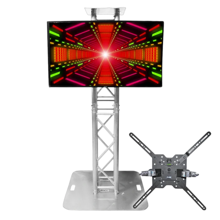 ProX universal TV bracket clamp with VESA mounting for truss and speaker stands, front view