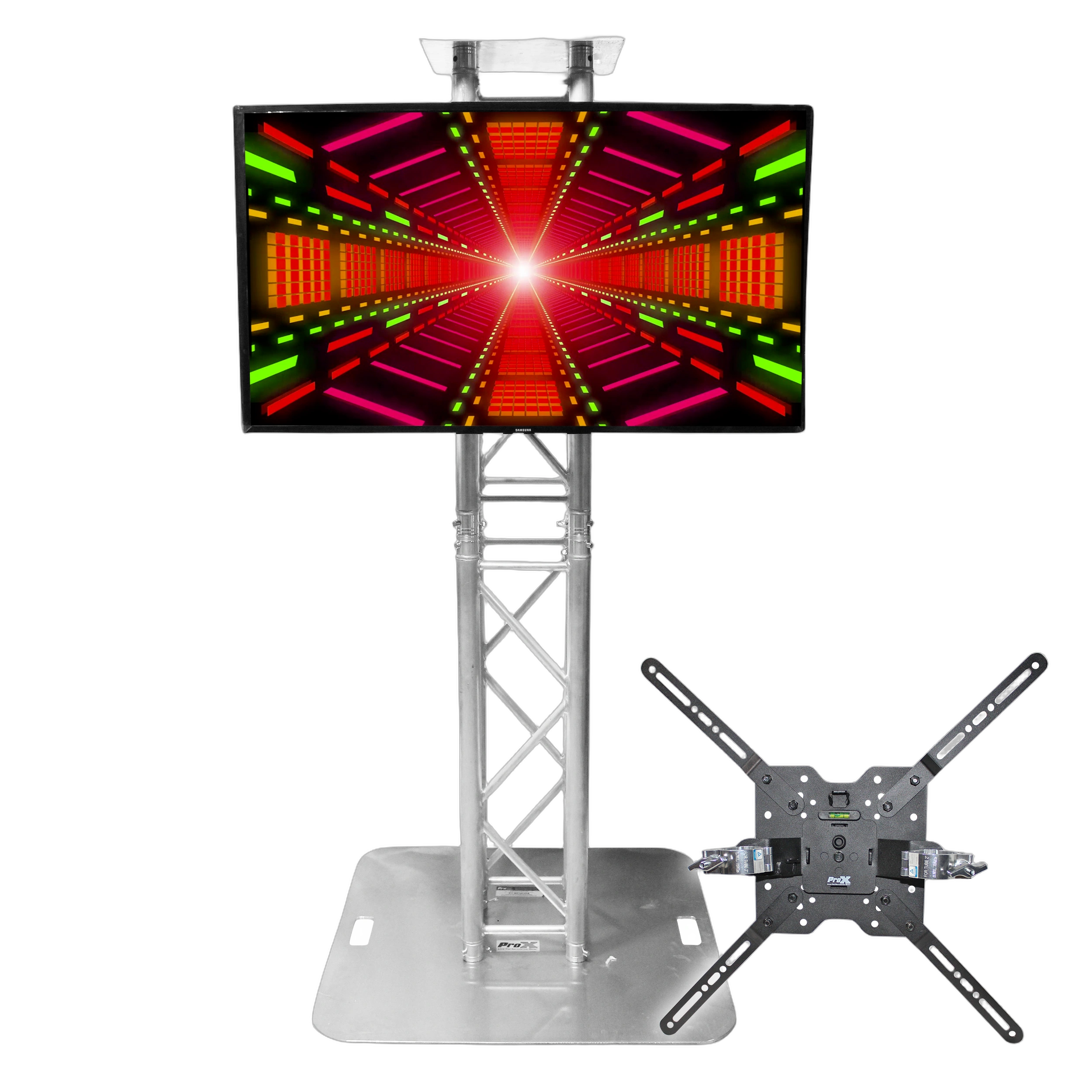 ProX Universal TV Bracket Clamp Mount Front View ProX universal TV bracket clamp with VESA mounting for truss and speaker stands, front view