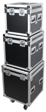 ProX utility ATA flight case set showing heavy-duty caster wheel and latch hardware detail