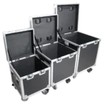 ProX utility ATA flight case package showing three sizes with heavy-duty latches and caster wheels detail