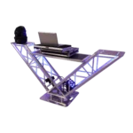 ProX VERRAZANO V-Shape aluminum truss DJ table with elevated monitor shelves in professional DJ setup