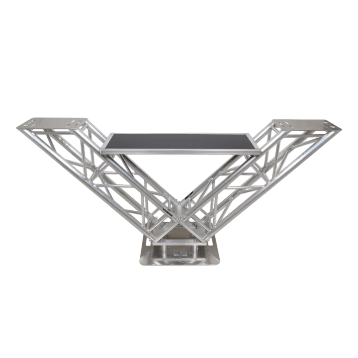 ProX VERRAZANO V-shape aluminum truss DJ table with elevated monitor shelves and 24-inch base plate
